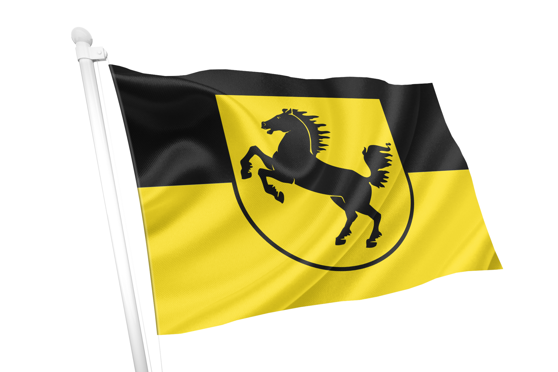 Stuttgart Flag. A yellow and black flag with a black horse emblem inside a circle, attached to a white flagpole on a plain white background.