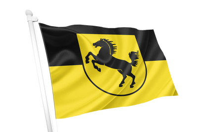 Stuttgart Flag. A yellow and black flag with a black horse emblem inside a circle, attached to a white flagpole on a plain white background.