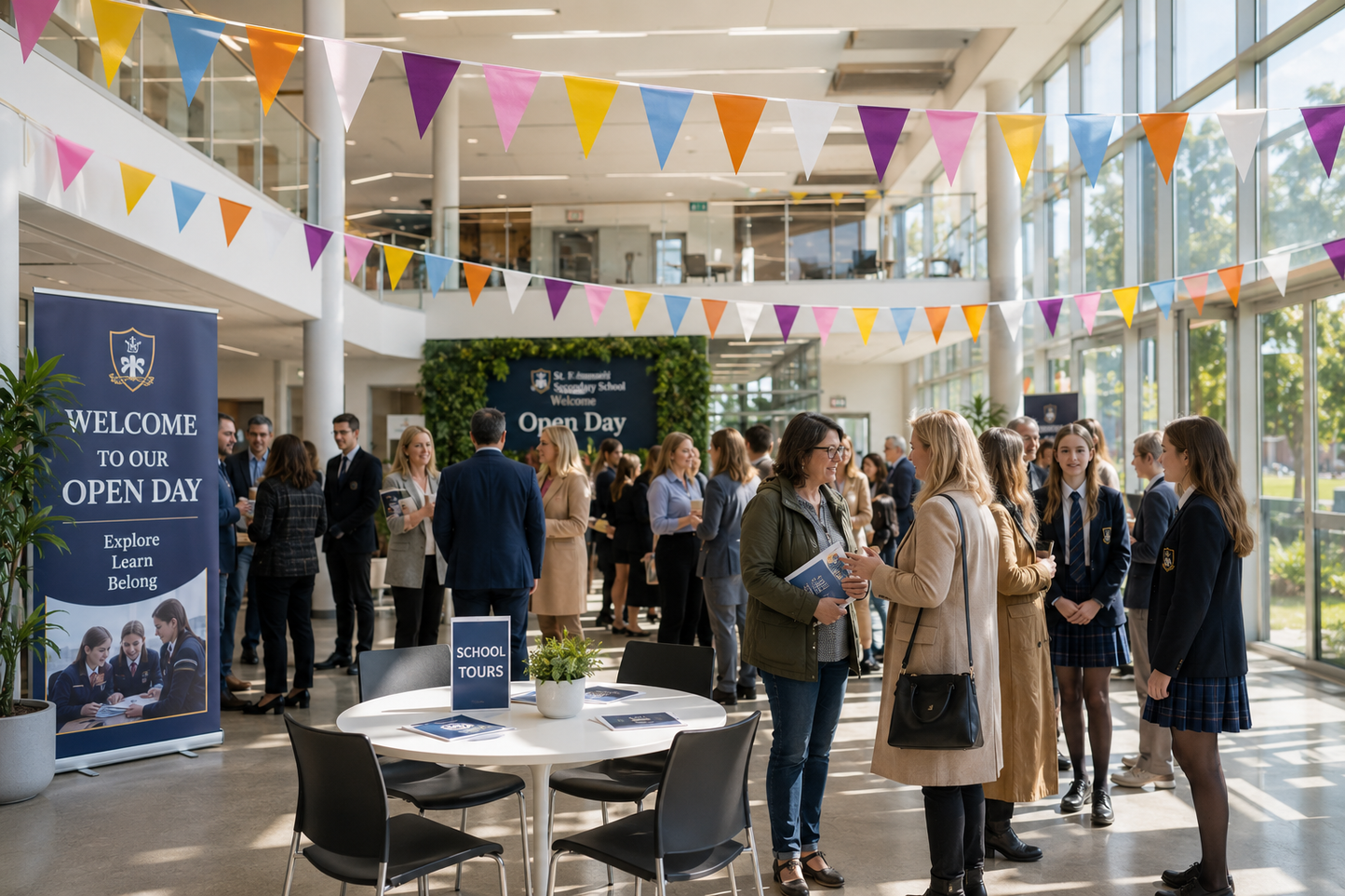 Open day event with people, tables, and colorful bunting flags in a large building.