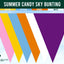 Color swatch of Summer Candy Sky Bunting  featuring Baby Pink, Yellow, Sky Blue, Orange, White &amp; Purple triangle pennants. 