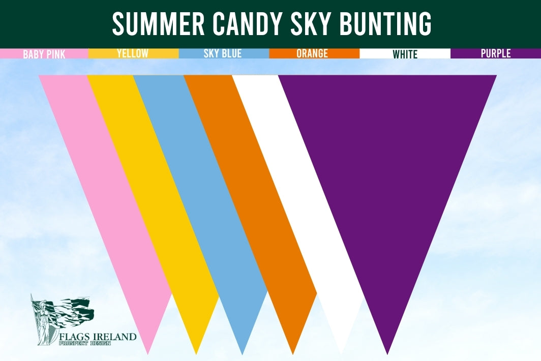 Color swatch of Summer Candy Sky Bunting  featuring Baby Pink, Yellow, Sky Blue, Orange, White &amp; Purple triangle pennants. 