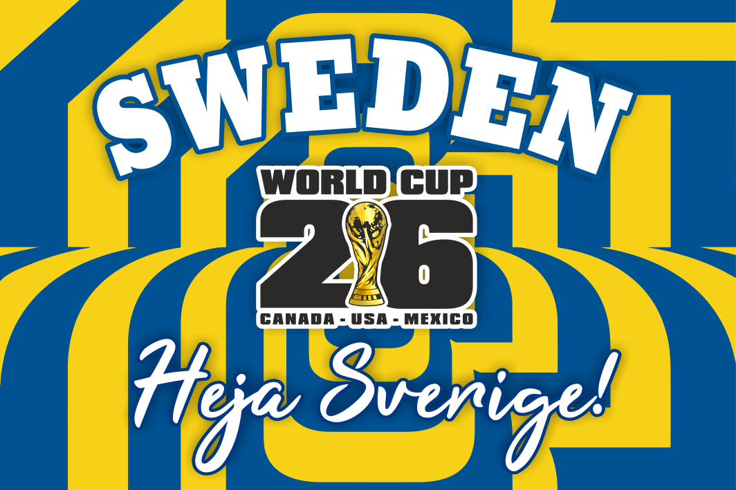 Promotional graphic for Sweden's participation in the World Cup 2026 with national colors and text.