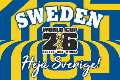 Promotional graphic for Sweden's participation in the World Cup 2026 with national colors and text.