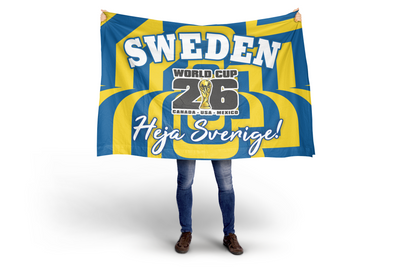Person holding a large Sweden World Cup 2026 flag with blue and yellow stripes.