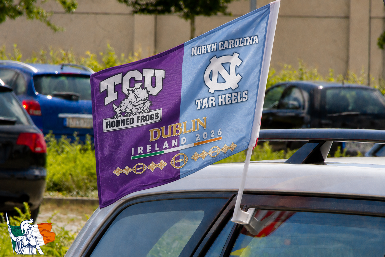 TCU Horned Frogs and North Carolina Tar Heels Split Car Flag attached to a window car.