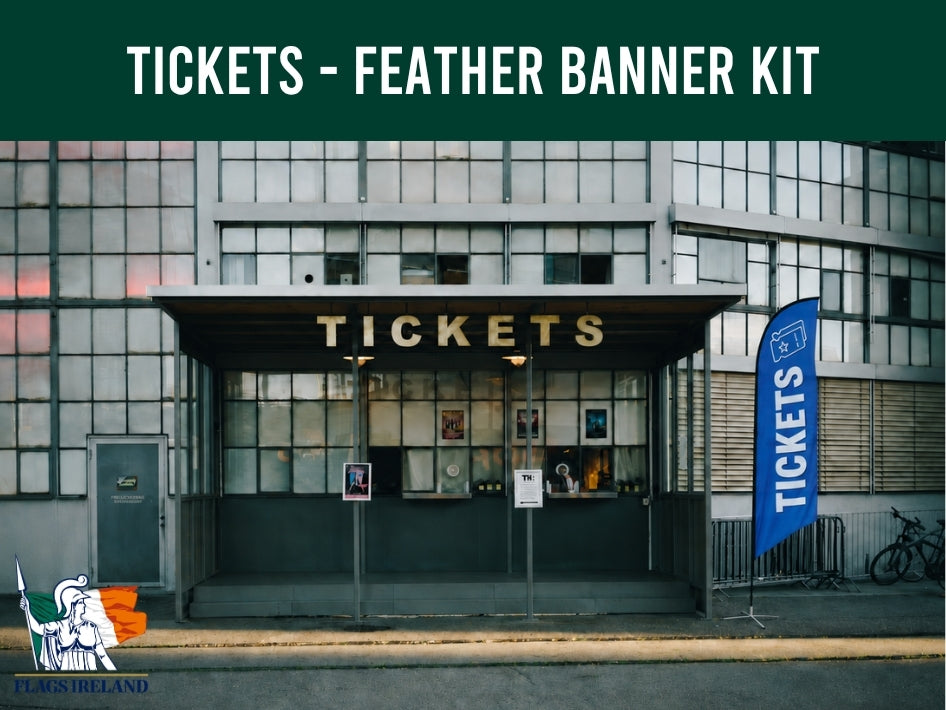 Tickets booth with a blue feather banner labeled 'Tickets' in front of a building.