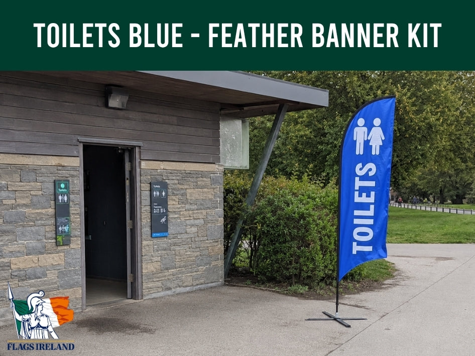 Blue feather banner with 'TOILETS' text in front of a park's toilet, with 'men and woman' image.