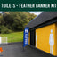 Outdoor toilet with a blue feather banner displaying 'TOILETS' 'men and woman image.