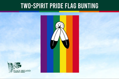 Two-Spirit Pride Flag Bunting with rainbow and two-disk design against a blue sky.