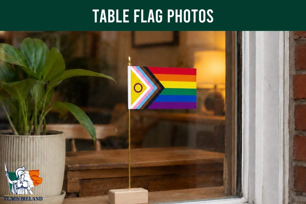 Rainbow Intersex Inclusive table flag on a wooden stand with a plant and blurred indoor background