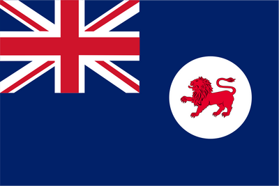Flag with British Union Jack and a red lion on a blue background. Tasmania Flag.