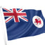 The flag of Tasmania is a British Blue Ensign featuring a blue field with the Union Jack in the upper left corner and a white disc (badge) in the fly (right side) containing a red lion passant. Officially proclaimed in 1876 and reaffirmed in 1975, the red lion represents the state's ties to the United Kingdom.