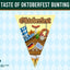 A triangular pennant banner design for Oktoberfest bunting, featuring Bavarian flags, a sausage on a fork, a beer glass, and the word 'Oktoberfest' on a light blue harlequin patterned background with a dark green header reading 'TASTE OF OKTOBERFEST BUNTING'.
