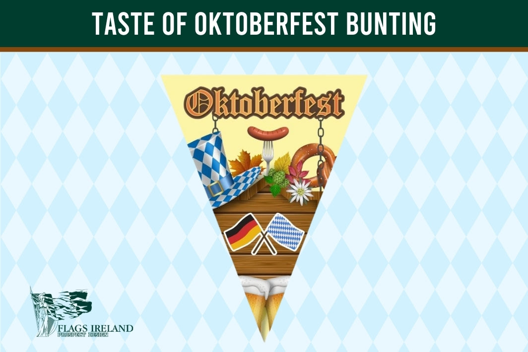 A triangular pennant banner design for Oktoberfest bunting, featuring Bavarian flags, a sausage on a fork, a beer glass, and the word 'Oktoberfest' on a light blue harlequin patterned background with a dark green header reading 'TASTE OF OKTOBERFEST BUNTING'.