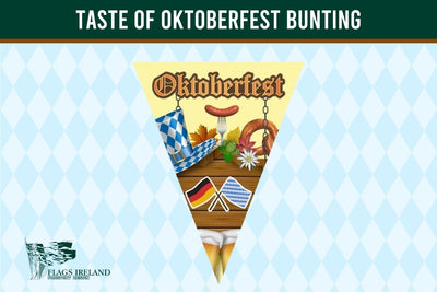 A triangular pennant banner design for Oktoberfest bunting, featuring Bavarian flags, a sausage on a fork, a beer glass, and the word 'Oktoberfest' on a light blue harlequin patterned background with a dark green header reading 'TASTE OF OKTOBERFEST BUNTING'.