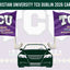 Texas Christian University TCU Dublin 2026 car flag set graphic showing two purple flags with white and gold TCU Dublin Ireland 2026 text, above a dark green car silhouette on a pale lavender background.