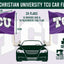 Texas Christian University TCU car flag set graphic showing two purple flags with large white TCU lettering, dimensions labeled 33cm by 28cm, a car silhouette, and branding for Flags Ireland and digital sewing.
