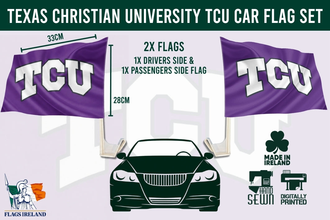 Texas Christian University TCU car flag set graphic showing two purple flags with large white TCU lettering, dimensions labeled 33cm by 28cm, a car silhouette, and branding for Flags Ireland and digital sewing.