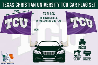 Texas Christian University TCU car flag set graphic showing two purple flags with large white TCU lettering, dimensions labeled 33cm by 28cm, a car silhouette, and branding for Flags Ireland and digital sewing.