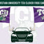 Texas Christian University TCU clover frog car flag set featuring two purple flags with white TCU lettering, a gray and green frog mascot, and a green clover, shown above a dark green car silhouette on a light background.