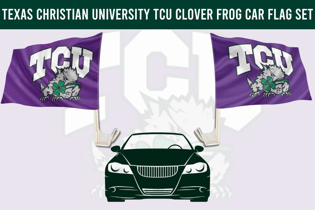 Texas Christian University TCU clover frog car flag set featuring two purple flags with white TCU lettering, a gray and green frog mascot, and a green clover, shown above a dark green car silhouette on a light background.