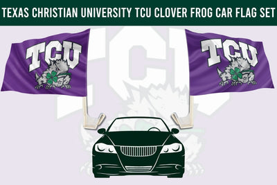 Texas Christian University TCU clover frog car flag set featuring two purple flags with white TCU lettering, a gray and green frog mascot, and a green clover, shown above a dark green car silhouette on a light background.
