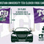 Texas Christian University TCU Clover Frog Car Flag Set graphic showing two purple flags with large white TCU lettering and a green clover frog mascot, plus dimensions, car illustration, sewing/print icons, and a Flags Ireland logo.