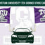 Texas Christian University TCU horned frog car flag set featuring two purple flags with white TCU lettering and frog graphics, shown above a dark green car silhouette on a pale lavender background.