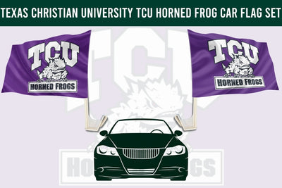 Texas Christian University TCU horned frog car flag set featuring two purple flags with white TCU lettering and frog graphics, shown above a dark green car silhouette on a pale lavender background.
