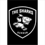 Logo of 'The Sharks' from Durban on a black and white striped background