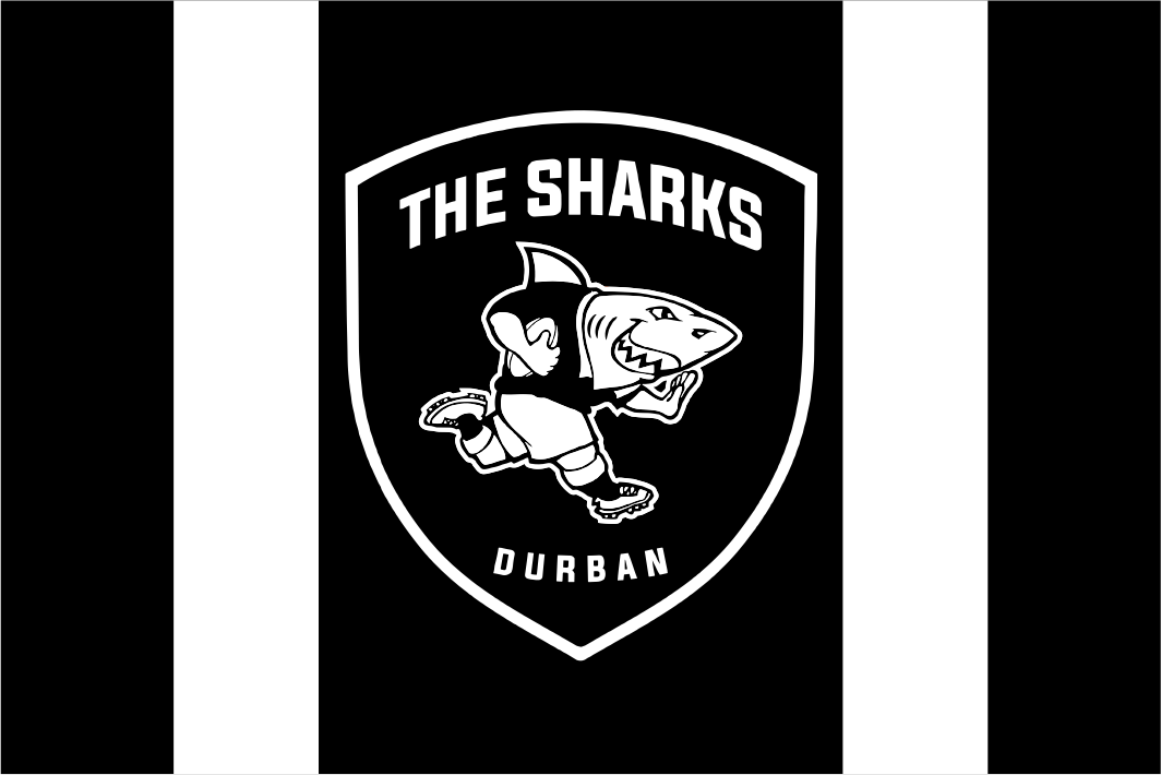 Logo of 'The Sharks' from Durban on a black and white striped background