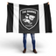 Person holding a black and white flag with 'The Sharks Durban' logo on a white background