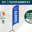 Feather banner kit with blue and white design, text, and logos on a white background.
