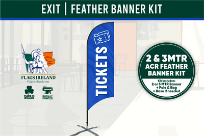 Feather banner kit with blue and white design, text, and logos on a white background.
