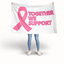 A person standing against a light gray studio background holds up a large white banner or flag with a pink awareness ribbon and the words “TOGETHER WE SUPPORT” in pink. The person’s head is cropped out, but their legs and shoes are visible below the banner. Breast Cancer Flag Banner