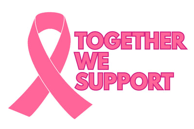 A pink awareness ribbon and the words 'TOGETHER WE SUPPORT' in pink outlined block letters on a white background. Breast Cancer Flag Banner