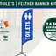 Feather banner kit for toilets with branding and product details.