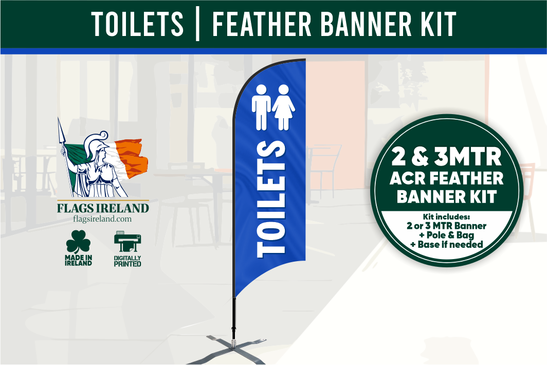Feather banner kit for toilets with branding and product details.