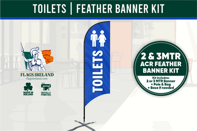 Feather banner kit for toilets with branding and product details.