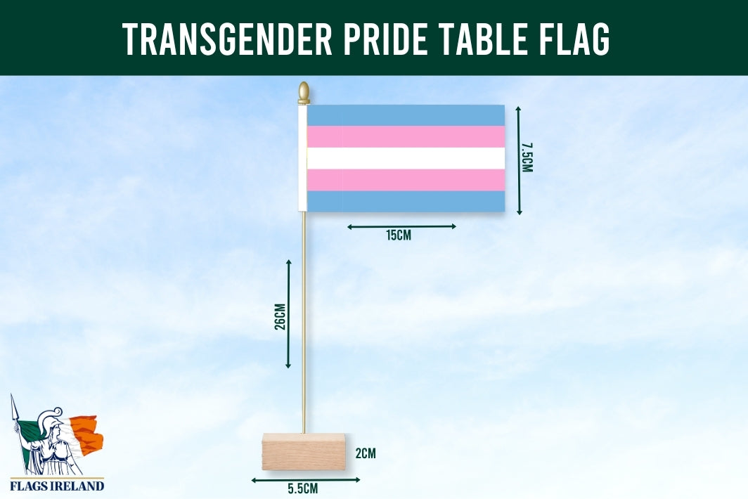 Transgender pride table flag with dimensions on a blue background