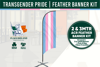 Transgender pride feather banner kit with Flags Ireland branding on a white background.