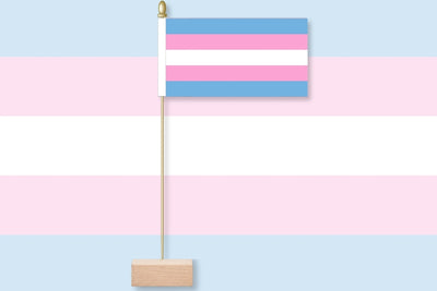 Transgender pride flag on a light blue and pink striped background