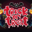 Halloween graphic with the words 'Trick or Treat' in large dripping red letters, a small bat above, and two ghostly figures wearing witch hats with glowing jack-o'-lantern heads on a dark gradient background.