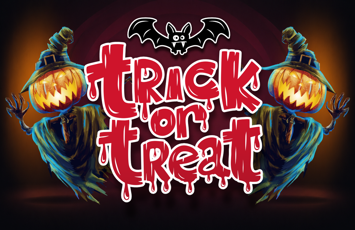 Halloween graphic with the words 'Trick or Treat' in large dripping red letters, a small bat above, and two ghostly figures wearing witch hats with glowing jack-o'-lantern heads on a dark gradient background.