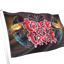 A Halloween-themed flag on a white pole, featuring the words 'Trick or Treat' in dripping red letters, with two glowing jack-o'-lantern faces and a bat silhouette above on a dark background.