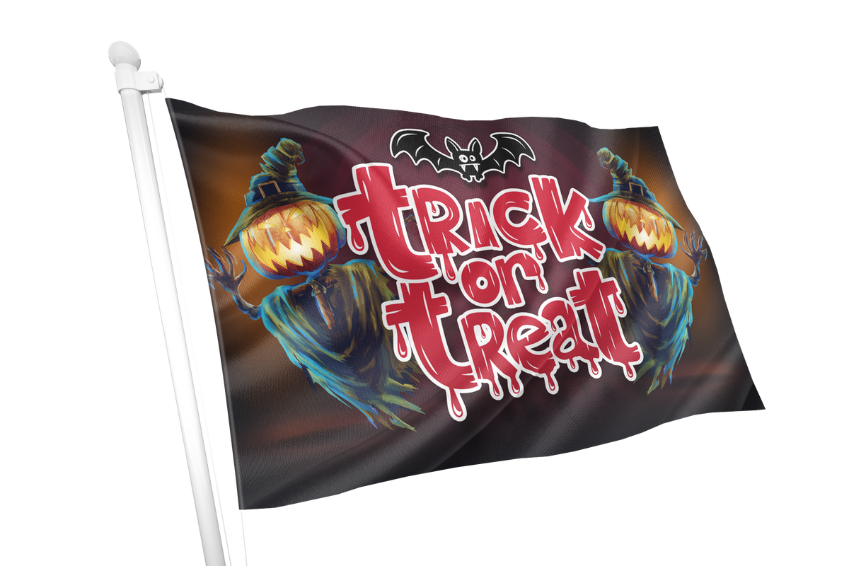 A Halloween-themed flag on a white pole, featuring the words 'Trick or Treat' in dripping red letters, with two glowing jack-o'-lantern faces and a bat silhouette above on a dark background.