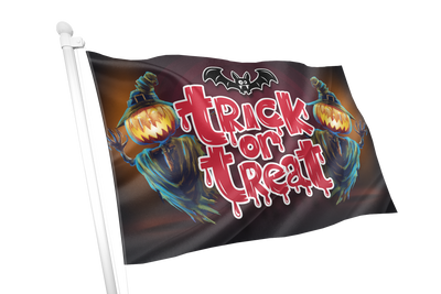 A Halloween-themed flag on a white pole, featuring the words 'Trick or Treat' in dripping red letters, with two glowing jack-o'-lantern faces and a bat silhouette above on a dark background.