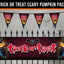 Halloween party decoration set featuring a large 'Trick or Treat' banner and triangular bunting flags with jack-o'-lantern and ghost graphics, displayed against a spooky gray background with a fence.