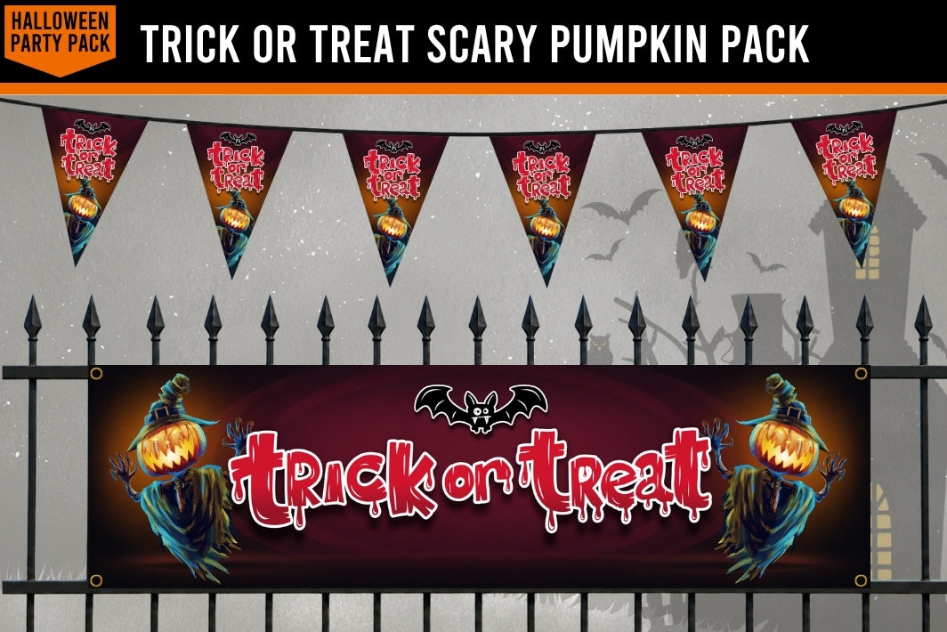 Halloween party decoration set featuring a large 'Trick or Treat' banner and triangular bunting flags with jack-o'-lantern and ghost graphics, displayed against a spooky gray background with a fence.