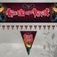 Halloween-themed flag and banner set with a large rectangular top banner reading 'Trick or Treat' in dripping red letters, a row of small triangular pennant flags below, and a smaller triangular pennant banner centered below. The designs feature spooky illustrations including bats, owls, a haunted house, bare trees, and jack-o'-lantern faces on a dark red and black background.